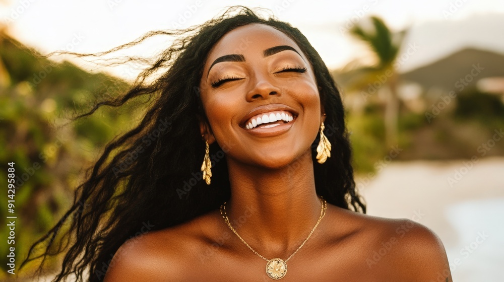 custom made wallpaper toronto digitalGolden Hour Glow A Close-Up Portrait of a Smiling Black Woman with Long Black Hair, Wearing Gold Jewelry on a Tropical Beach. goldenhour portraitphotography blackwomen beauty jewelry tropicalvibes sum