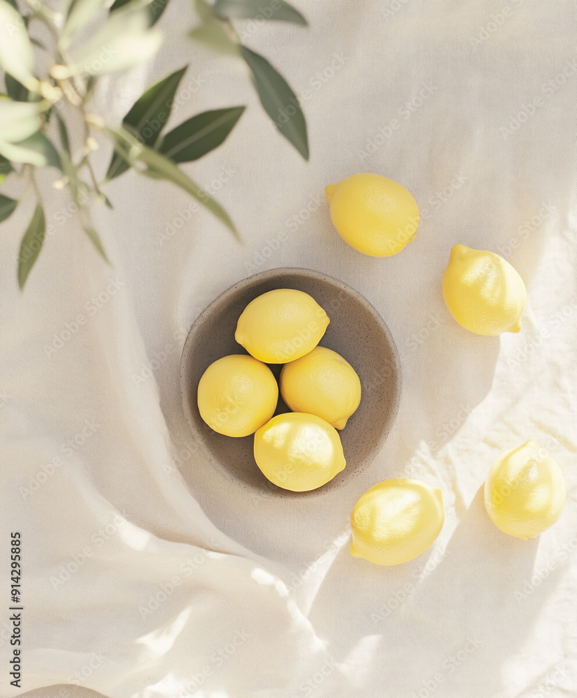 custom made wallpaper toronto digitalCeramic platter with fresh ripe lemons on table covered with light linen tablecloth with shade from olive branches. Top view. An unleavened light still life of a sunny day in southern Italy. Pure.