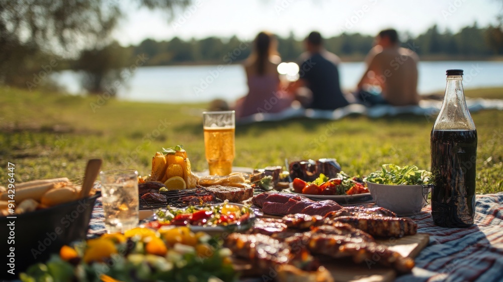 Friends enjoy a relaxing picnic by the lake, surrounded by tasty dishes and refreshing drinks under the warm sun. Friends enjoy a relaxing picnic by the lake, surrounded by tasty dishes and refreshing drinks under the warm sun.