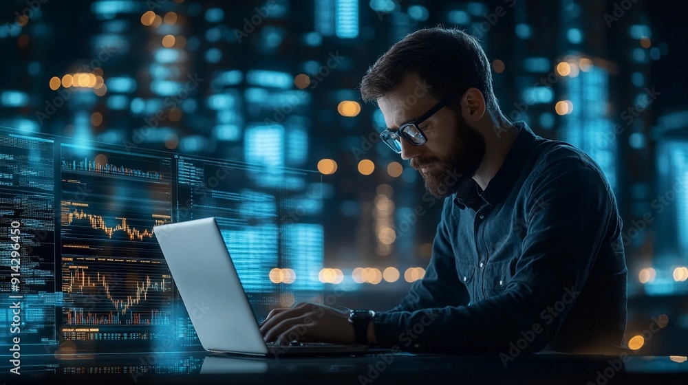 Data scientist Programmer using laptop analyzing financial data on futuristic virtual interface. Algorithm. Global business development Data scientist Programmer using laptop analyzing financial data on futuristic virtual interface. Algorithm. Global business development