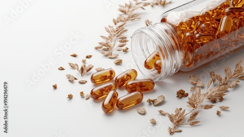 Detailed Coenzyme Q10 with PQQ: A zoomed-in shot of Coenzyme Q10 capsules with PQQ (Pyrroloquinoline Quinone) in a clear bottle, featuring seeds and a detailed view of the capsules.