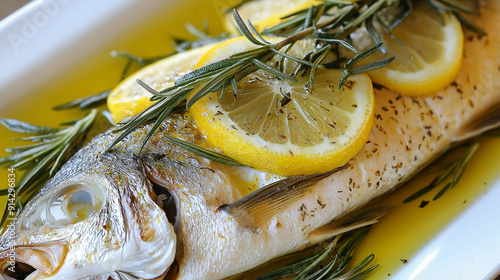 Peixe assado com limão e alecrim - Receita deliciosa e fácil - Um peixe inteiro, assado na perfeição com rodelas de limão, raminhos de alecrim fresco e um fio de azeite, criando uma refeição saborosa photo