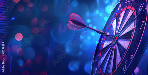 Close-up shot of an orange dart hitting the bullseye on a dartboard. The sharp focus on the dart and the bullseye contrasts with the blurred background, emphasizing precision and accuracy in a vibrant