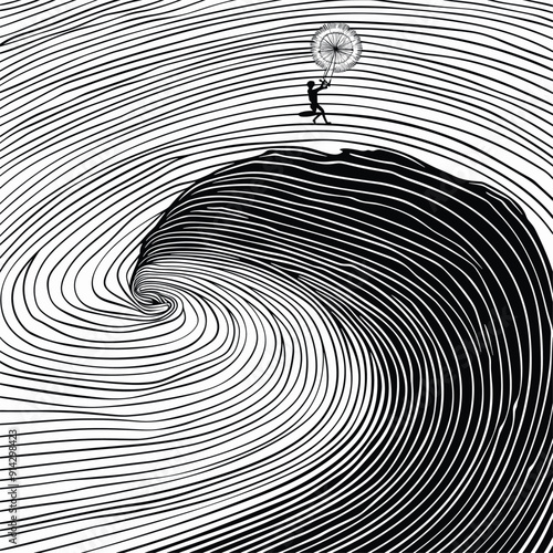 Surreal kite surfer riding a dandelion seed through hypnotic black and white spirals.
