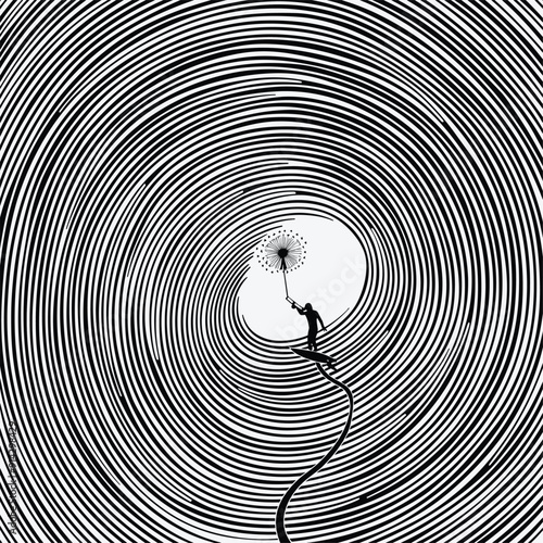Surreal kite surfer riding a dandelion seed through hypnotic black and white spirals.
