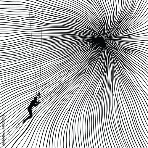 Surreal kite surfer riding a dandelion seed through hypnotic black and white spirals.
