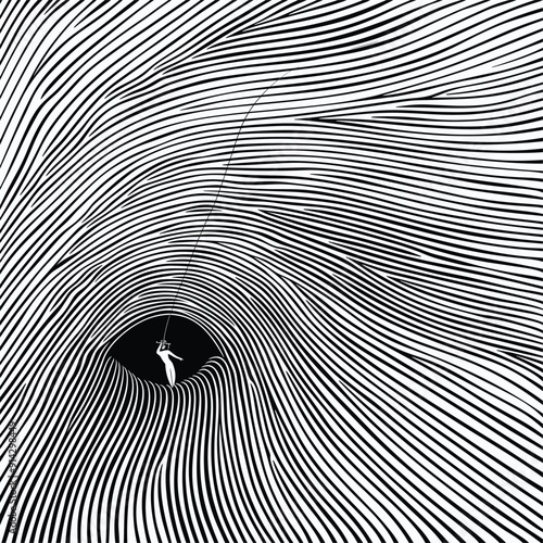 Surreal kite surfer riding a dandelion seed through hypnotic black and white spirals.
