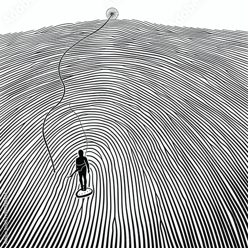 Surreal kite surfer riding a dandelion seed through hypnotic black and white spirals.
