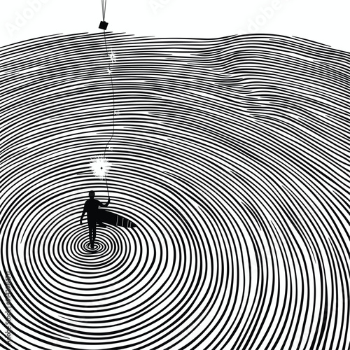 Surreal kite surfer riding a dandelion seed through hypnotic black and white spirals.
