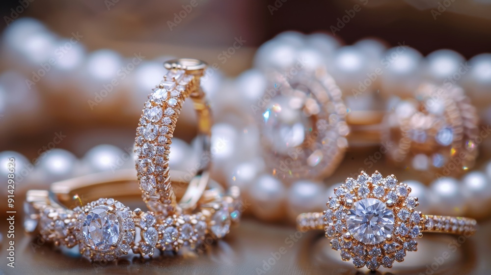 Close-up of a collection of sparkling diamond rings and earrings, resting on a strand of pearls. Close-up of a collection of sparkling diamond rings and earrings, resting on a strand of pearls.