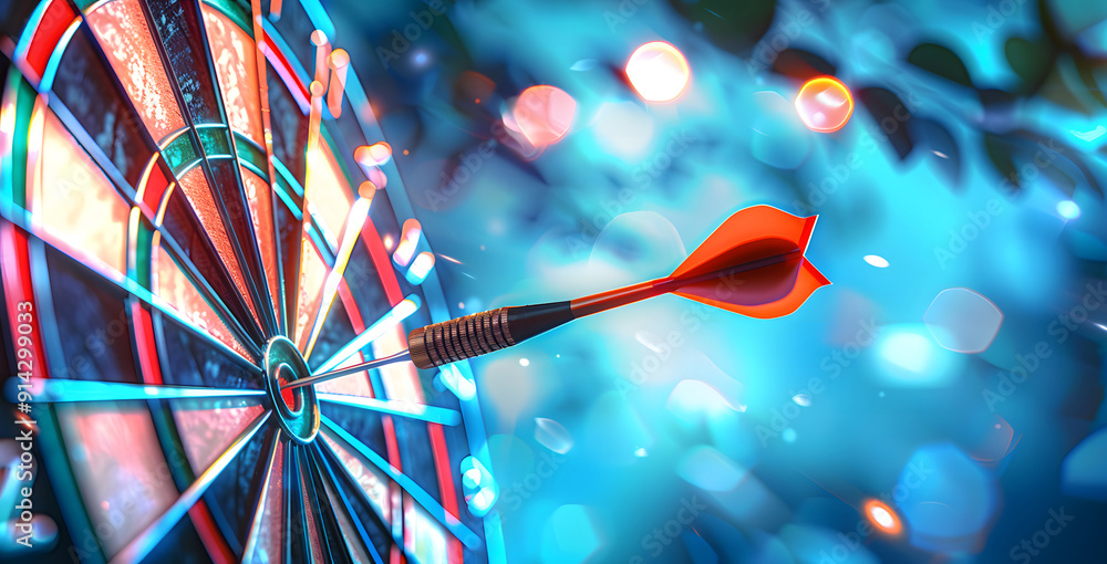 Close-up shot of an orange dart hitting the bullseye on a dartboard. The sharp focus on the dart and the bullseye contrasts with the blurred background, emphasizing precision and accuracy in a vibrant Close-up shot of an orange dart hitting the bullseye on a dartboard. The sharp focus on the dart and the bullseye contrasts with the blurred background, emphasizing precision and accuracy in a vibrant