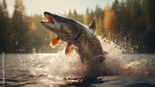Fresh water pike fish jumping out of the lake. Fishing concept. Predatory fish on a lake or river.