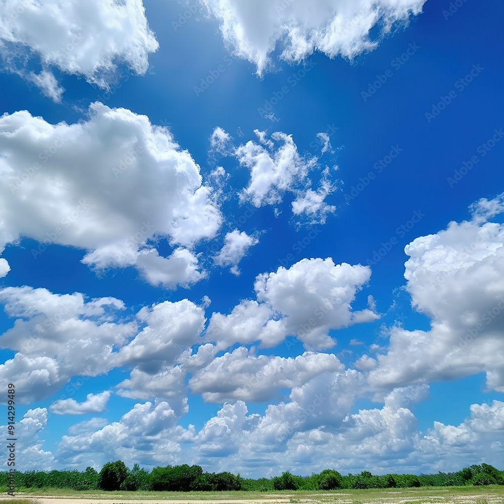 Blue sky with fluffy white clouds above a green field. Blue sky with fluffy white clouds above a green field.