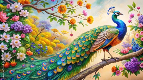 Wallpaper Mural Peacock Paradise A Vibrant Watercolor Painting of a Peacock Amidst a Tapestry of Flowers - Bird, Feather, Nature, Animal, Art, Illustration, Watercolor Torontodigital.ca