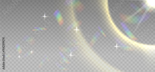 Warm White sun light flares with transparent sparkle effects. Iridescent crystal glare lenses reflection effect. Optical rainbow lights, glare, leak, streak overlay. Sparkling vector falling confetti.