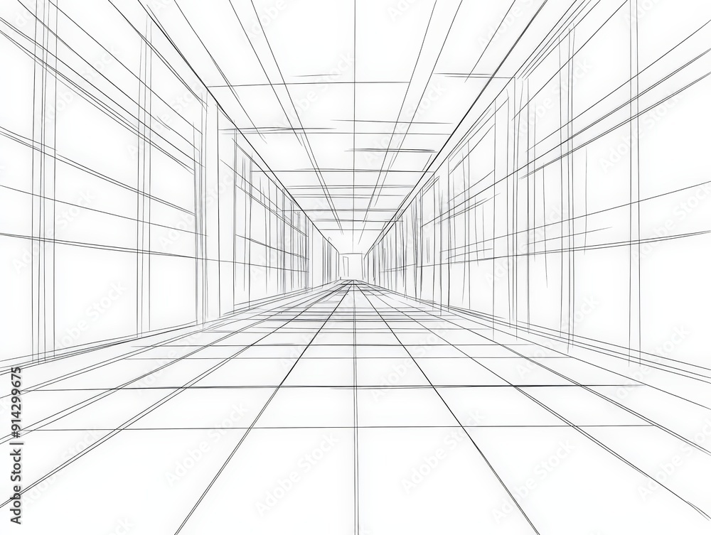 custom made wallpaper toronto digitalPerspective Sketch Hallway of Lines, Black and White, Architectural Design, Minimalist, Interior, Perspective, Lines