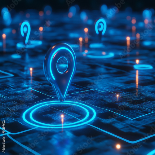 Futuristic digital location markers glowing on a high-tech virtual map, representing advanced navigation