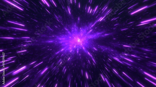 Perspective First-person Composition Details Abstract, digital art, 3D render Image Details Purple light streaks radiating from a central point, creating a tunnel-like effect. Concept Hyperspace trave