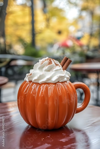 Pumpkin mug with coffee or cocoa and whipped cream photo