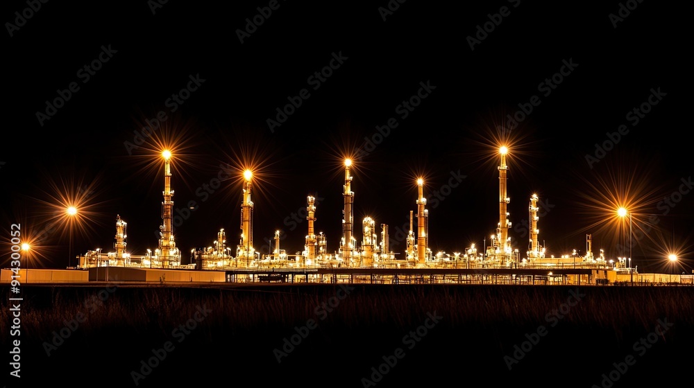 A stunning night view of a refinery illuminated with bright lights against a dark sky, showcasing industrial architecture. A stunning night view of a refinery illuminated with bright lights against a dark sky, showcasing industrial architecture.