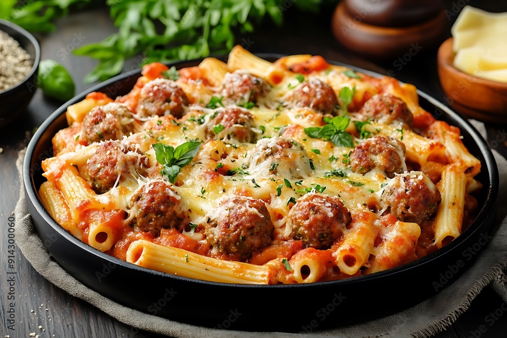 Delicious Baked Ziti with Meatballs on Black Plate - Realistic Product Shot Illustration for Food Lovers Delicious Baked Ziti with Meatballs on Black Plate - Realistic Product Shot Illustration for Food Lovers