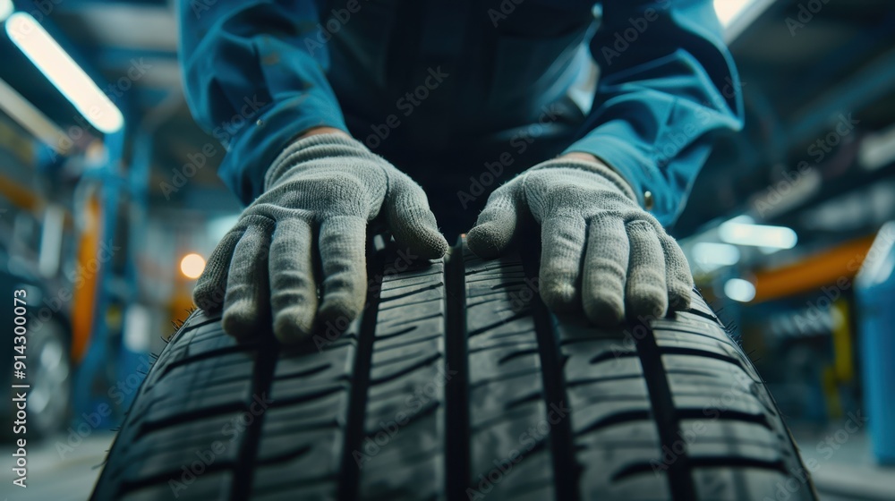 The mechanic handling tire The mechanic handling tire
