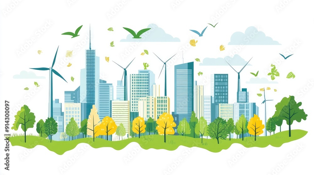 A vibrant city skyline with green trees, wind turbines, and birds, showcasing a blend of nature and modern architecture. A vibrant city skyline with green trees, wind turbines, and birds, showcasing a blend of nature and modern architecture.