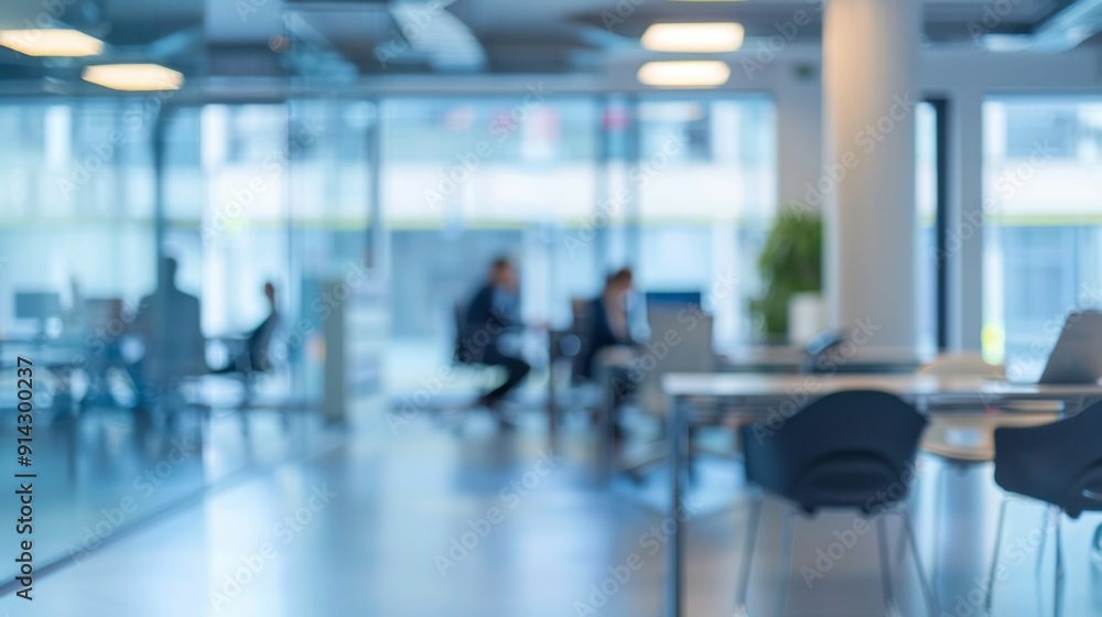A blurry office scene with people sitting at desks and a few chairs A blurry office scene with people sitting at desks and a few chairs