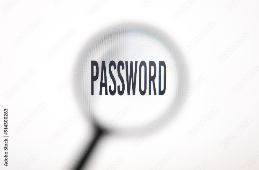 Word password on screen through magnifying glass close-up Word password on screen through magnifying glass close-up