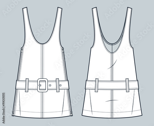Dungaree Dress technical fashion Illustration. Belted Mini Dress fashion flat technical drawing template, A-line, plunge neck, zipper, relaxed fit, front and back view, white, women Dress CAD mockup.