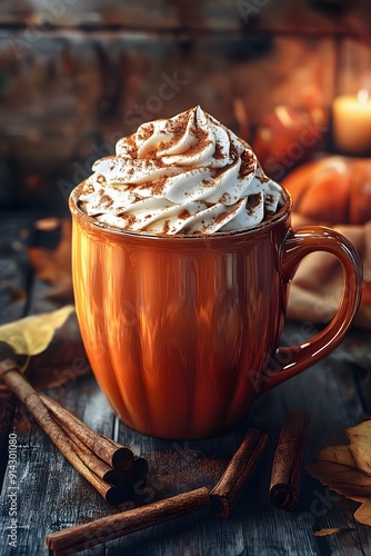 Pumpkin mug with coffee or cocoa and whipped cream photo