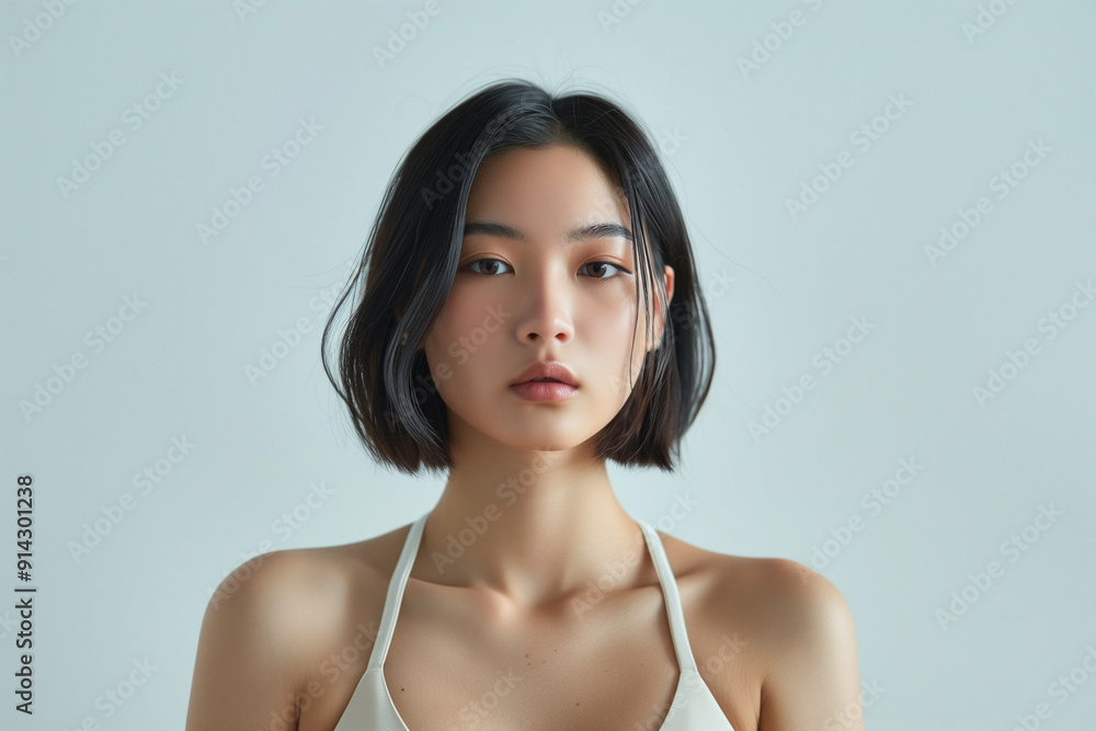 Asian girl with a short bob hairstyle in a clean white isolated studio background, well lit lightning, wearing a sleek sport bra, sport product photoshoot Asian girl with a short bob hairstyle in a clean white isolated studio background, well lit lightning, wearing a sleek sport bra, sport product photoshoot