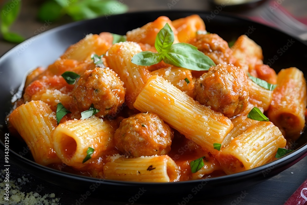 Savory Rigatoni with Meatballs on Elegant Black Dish - Realistic Food Illustration for Product Display Savory Rigatoni with Meatballs on Elegant Black Dish - Realistic Food Illustration for Product Display