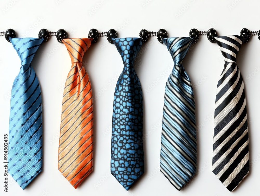 Tied Together A Row of Six Neckties Connected by a String of Black Beads, Featuring Striped, Spotted, and Solid Designs Keywords neckties, ties, patterns, black beads Tied Together A Row of Six Neckties Connected by a String of Black Beads, Featuring Striped, Spotted, and Solid Designs Keywords neckties, ties, patterns, black beads