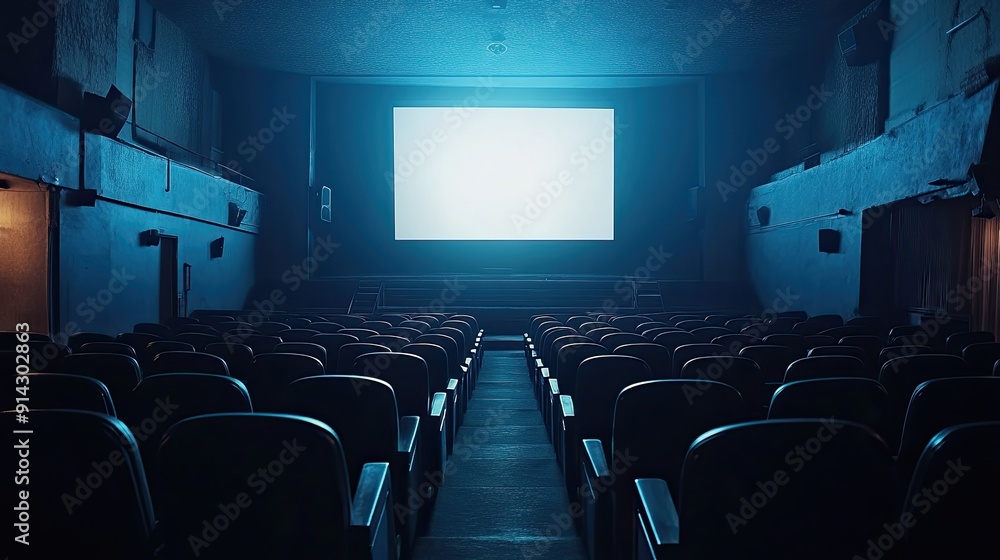 Dimly lit cinema with empty rows of seats and a blank screen, creating an eerie atmosphere Dimly lit cinema with empty rows of seats and a blank screen, creating an eerie atmosphere