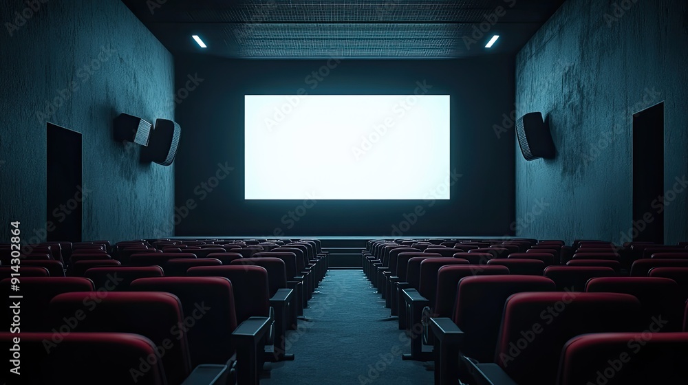 Fototapeta premium Dimly lit cinema with empty rows of seats and a blank screen, creating an eerie atmosphere