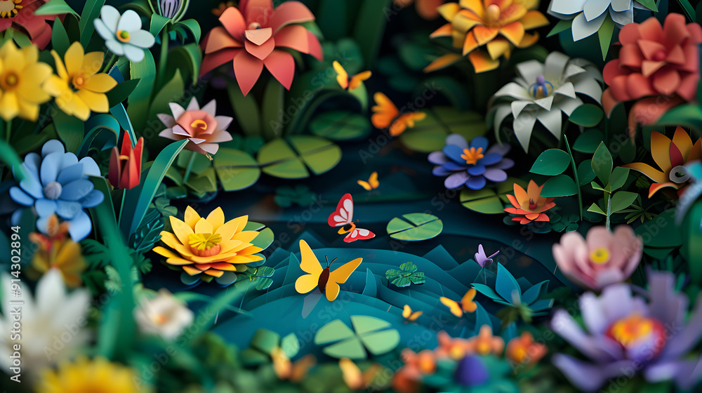 A colorful paper flower garden with butterflies and a butterfly on a lily pad A colorful paper flower garden with butterflies and a butterfly on a lily pad