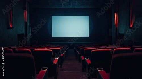 Dimly lit cinema with empty rows of seats and a blank screen, creating an eerie atmosphere