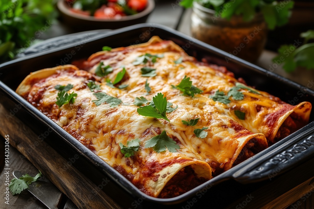 Baked Enchiladas Topped with Cheese and Cilantro Baked Enchiladas Topped with Cheese and Cilantro