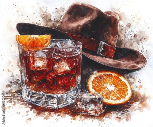 Whiskey on the rocks with slice of orange western hat photo