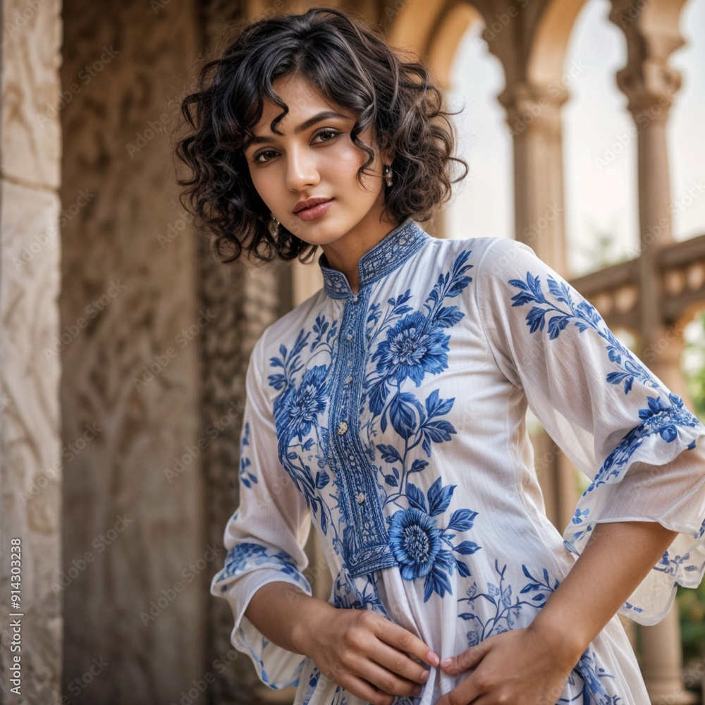 Elegant Blue Flower Printed White Kameez: A Timeless Look Elegant Blue Flower Printed White Kameez: A Timeless Look
