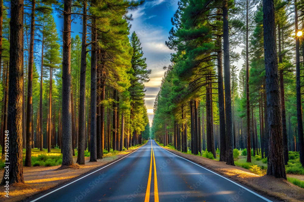 Obraz premium A road with trees on both sides and a clear blue sky