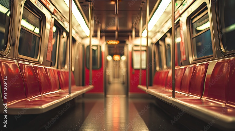 Fototapeta premium Empty subway car with clean seats and dim lighting, moving through a quiet tunnel