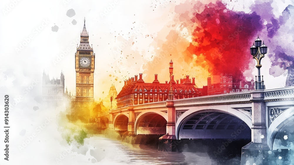 custom made wallpaper toronto digitalWatercolor London Big Ben, Bridge, and Cityscape - A Romantic Watercolor Painting of London's Iconic Landmarks, Featuring Big Ben, a Bridge, and the City Skyline, Bathed in Vibrant Colors and Romantic