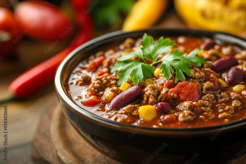 Steaming Bowl of Chili with Beans and Vegetables Steaming Bowl of Chili with Beans and Vegetables
