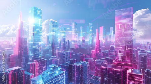 Futuristic Cityscape with Neon Lights and Clouds