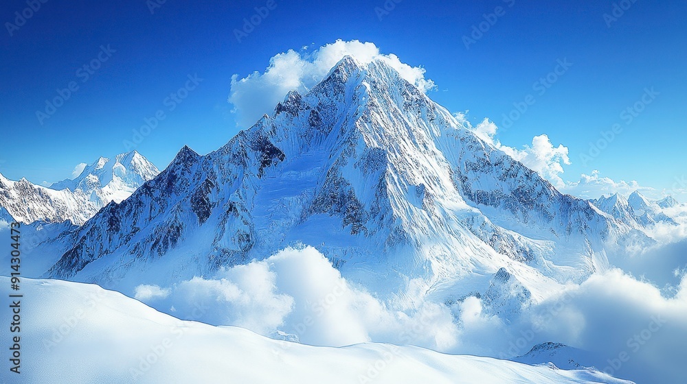 Fototapeta premium Snow-covered mountain peak under a clear blue sky, high quality