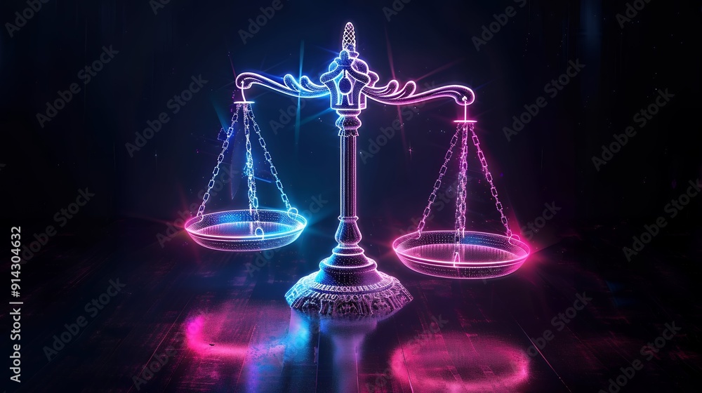 Neon legal law scale technology on black background Neon legal law scale technology on black background