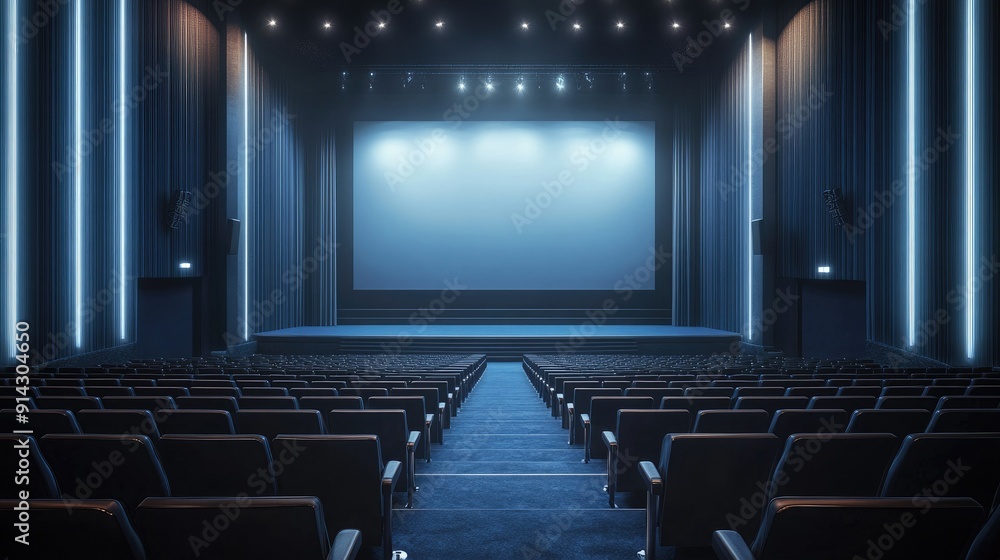 Modern theater auditorium with sleek, empty seats and a large screen, awaiting an audience Modern theater auditorium with sleek, empty seats and a large screen, awaiting an audience