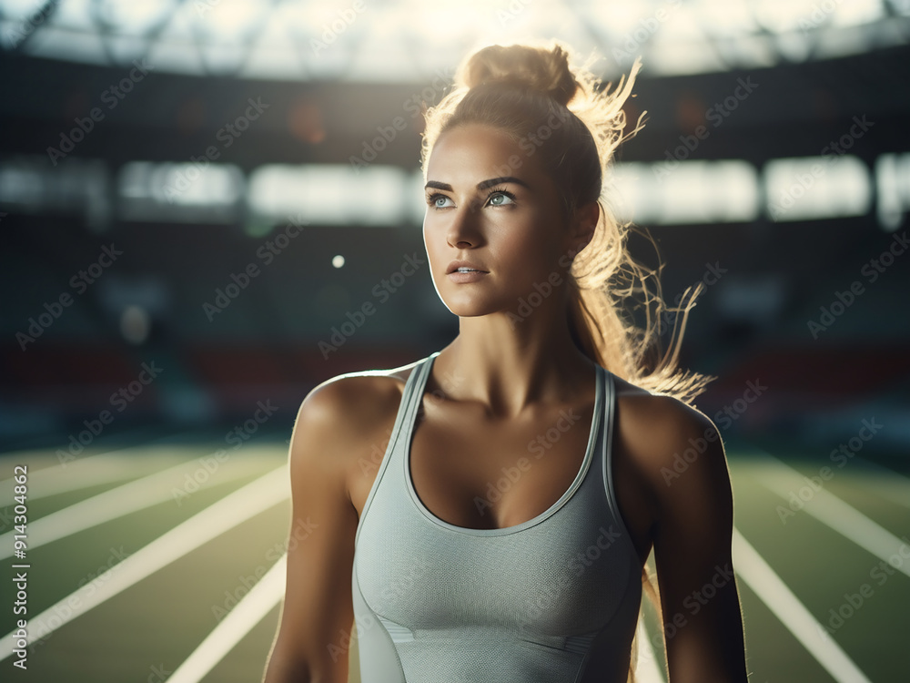 Fototapeta premium Young woman athlete in sportswear training at the stadium